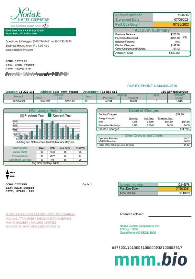 USA North Dakota Nodak Electric Cooperative rachunek za media szablon w formacie Word i PDF